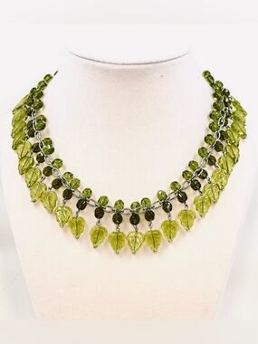 RARE Vintage Joan Rivers Signed Silver Tone Green Leaf Necklace Choker 15-17”